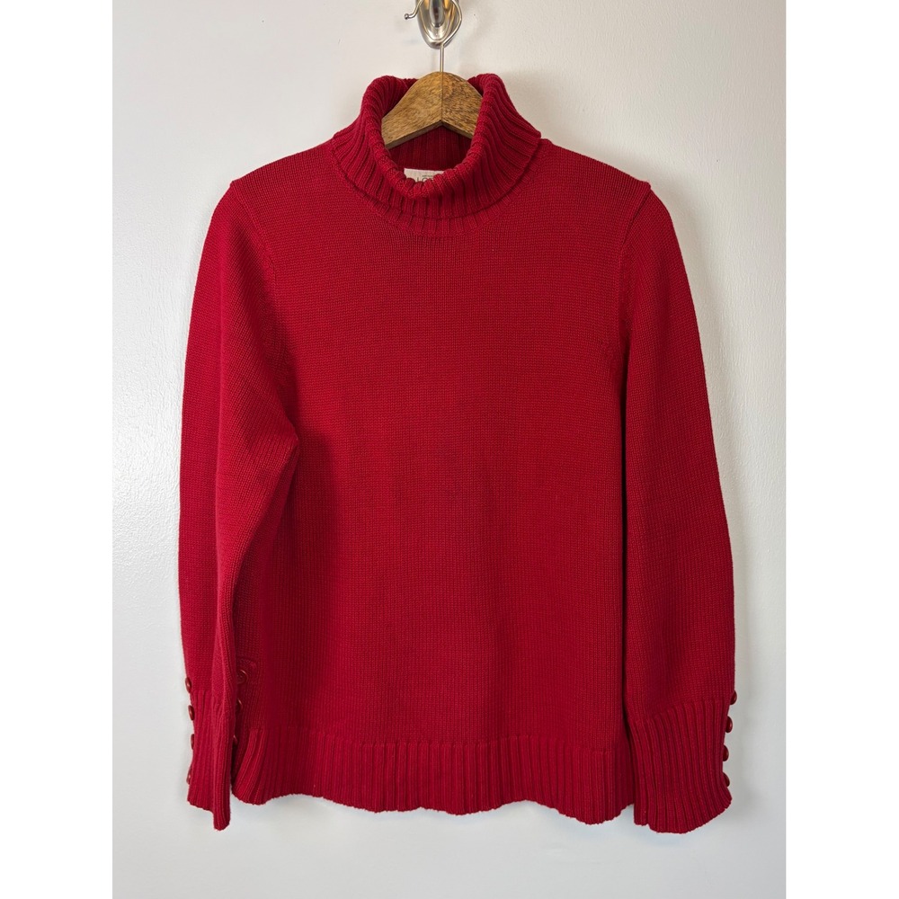 Ann Taylor LOFT Red Cotton Turtleneck Sweater XL‎ Button Knit Holiday Cotton